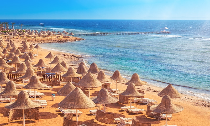 la spiaggia dorata di Sharm El Sheikh, popolata da ombrelloni di paglia e lettini, che incontra il mare blu in una assolata giornata.